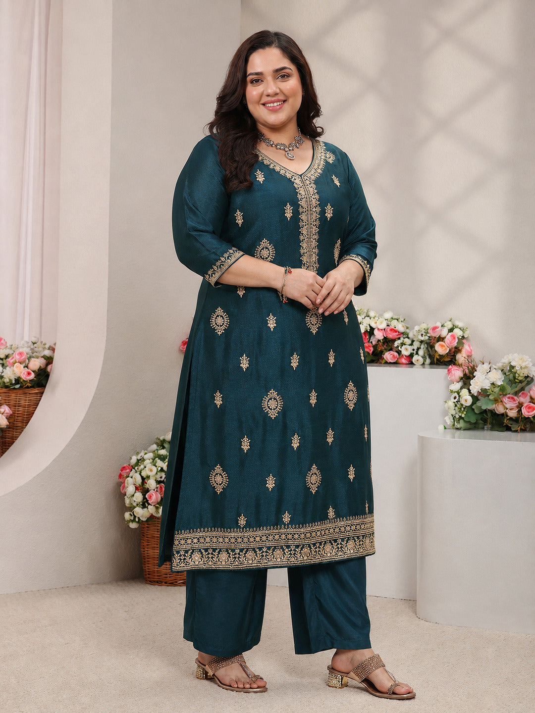 Plus Size Teal Ethnic Motifs Embroidered Silk Blend Straight Suit Set With Dupatta
