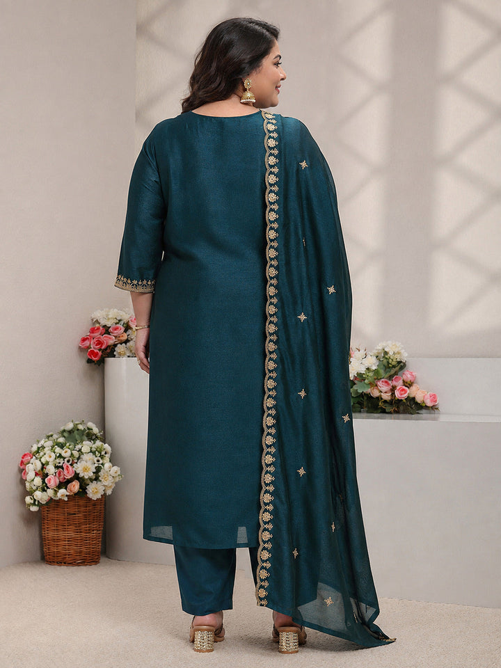 Plus Size Teal Ethnic Motifs Embroidered Silk Blend Straight Suit Set With Dupatta