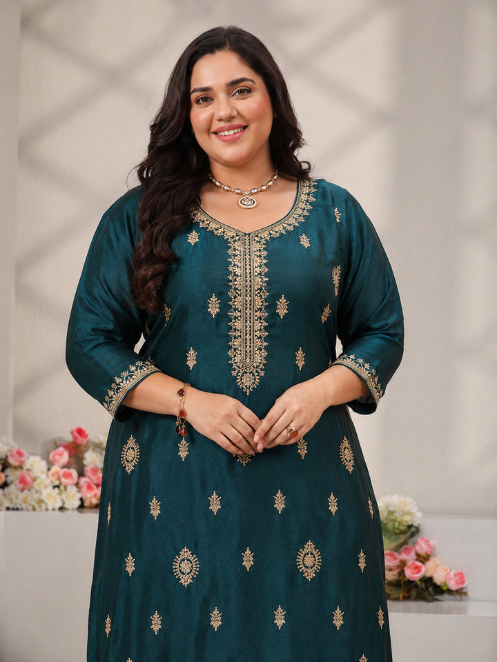 Plus Size Teal Ethnic Motifs Embroidered Silk Blend Straight Suit Set With Dupatta