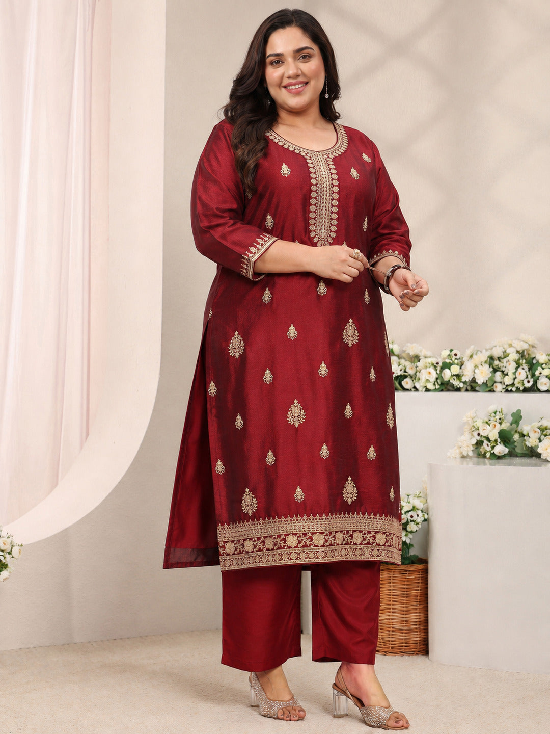 Plus Size Maroon Ethnic Motifs Embroidered Silk Blend Straight Suit Set With Dupatta