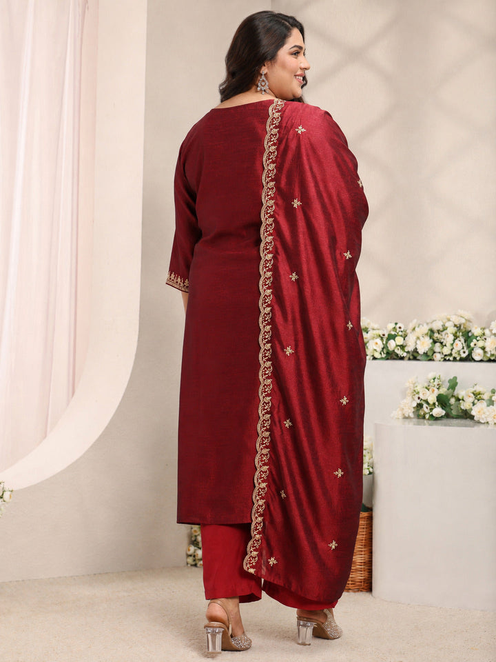 Plus Size Maroon Ethnic Motifs Embroidered Silk Blend Straight Suit Set With Dupatta