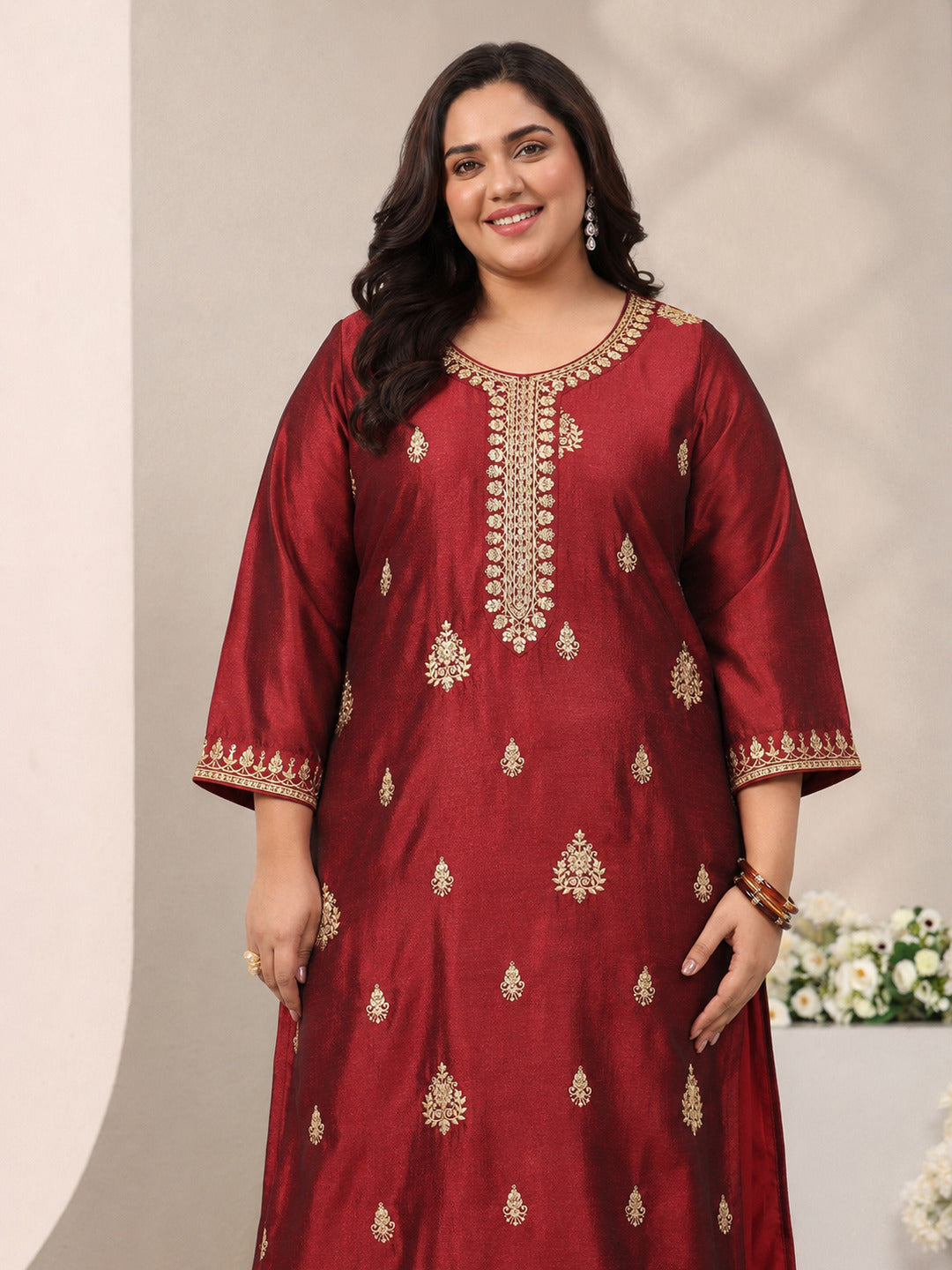 Plus Size Maroon Ethnic Motifs Embroidered Silk Blend Straight Suit Set With Dupatta