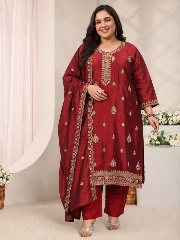 Plus Size Maroon Ethnic Motifs Embroidered Silk Blend Straight Suit Set With Dupatta