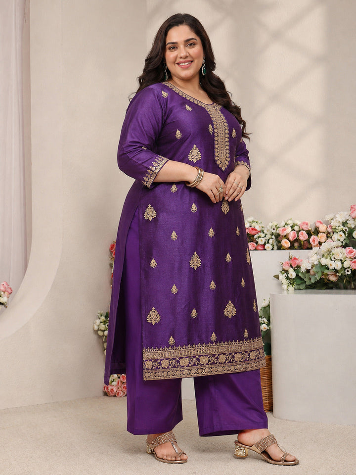 Plus Size Purple Ethnic Motifs Embroidered Silk Blend Straight Suit Set With Dupatta