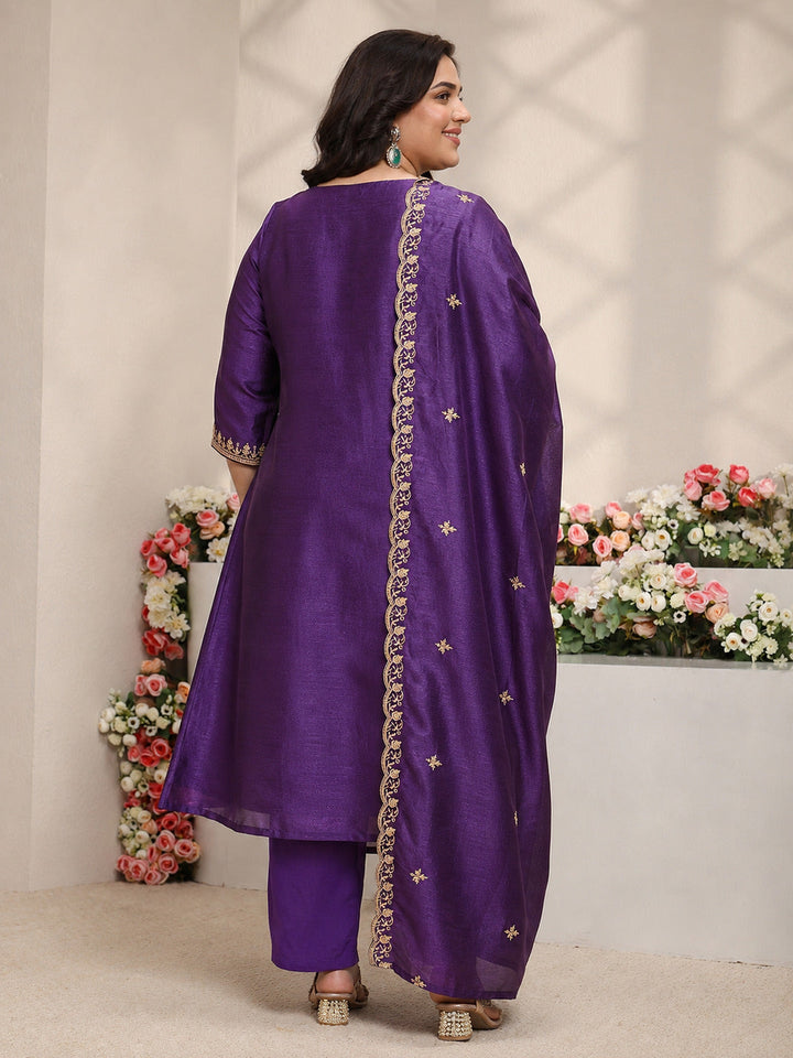 Plus Size Purple Ethnic Motifs Embroidered Silk Blend Straight Suit Set With Dupatta