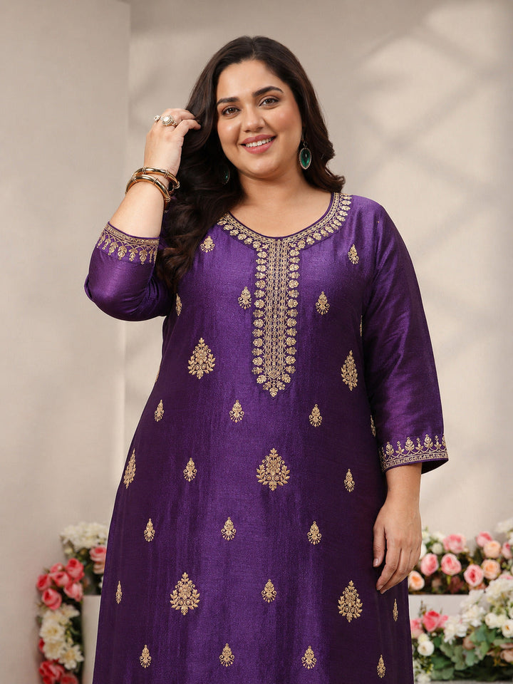 Plus Size Purple Ethnic Motifs Embroidered Silk Blend Straight Suit Set With Dupatta
