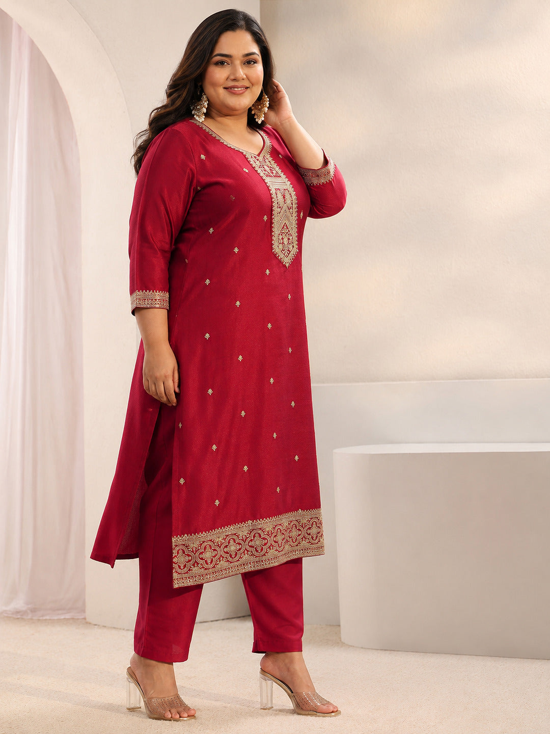 Plus Size Red Ethnic Embroidered Silk Blend Straight Suit Set With Dupatta