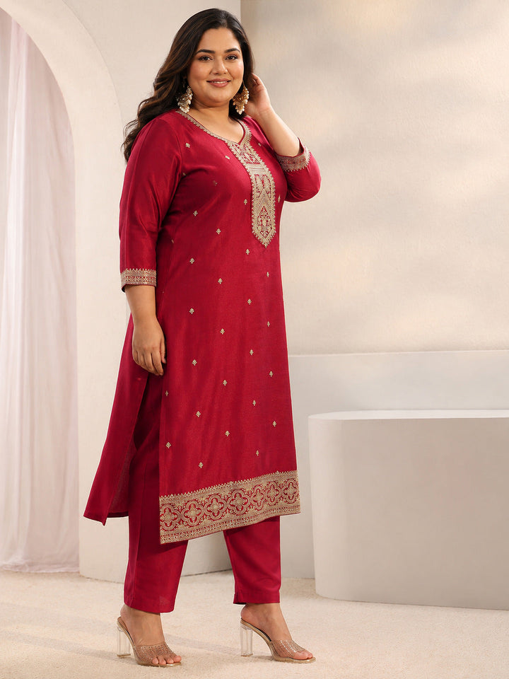 Plus Size Red Ethnic Embroidered Silk Blend Straight Suit Set With Dupatta