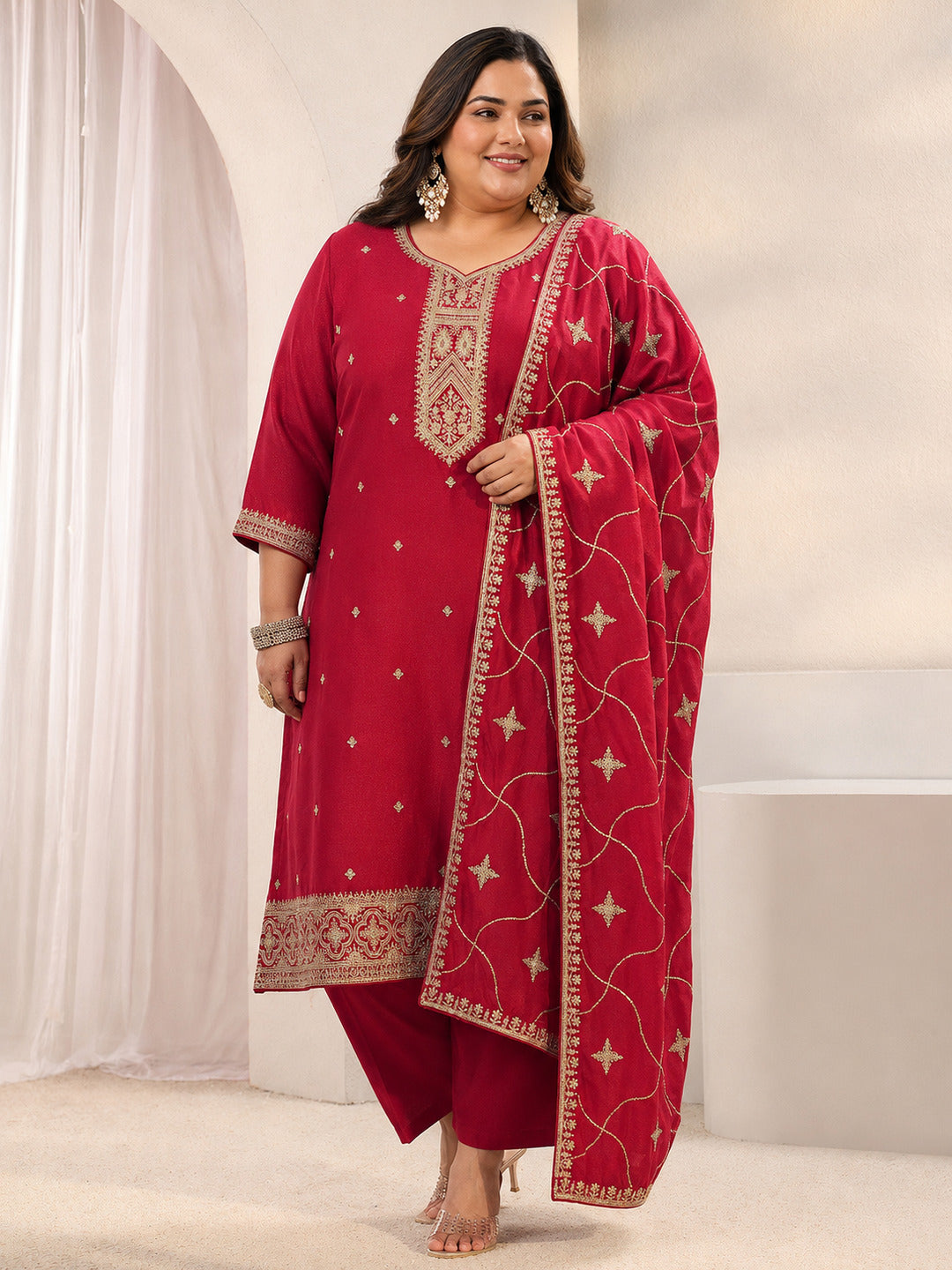 Plus Size Red Ethnic Embroidered Silk Blend Straight Suit Set With Dupatta