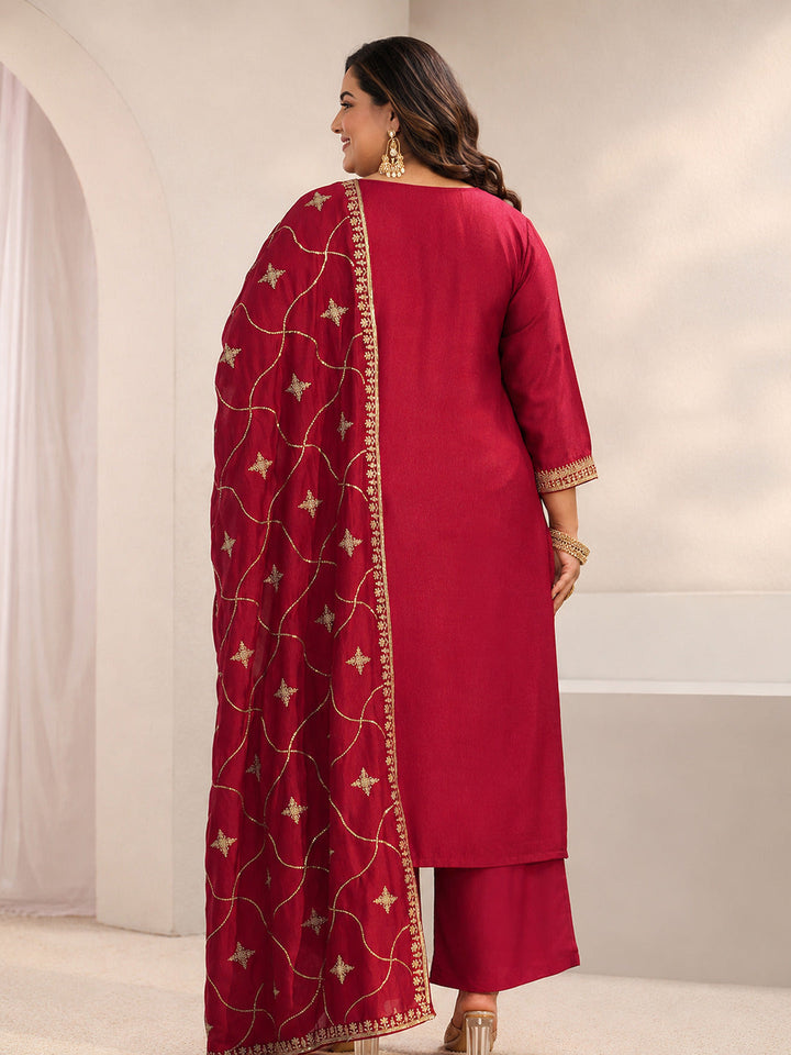 Plus Size Red Ethnic Embroidered Silk Blend Straight Suit Set With Dupatta