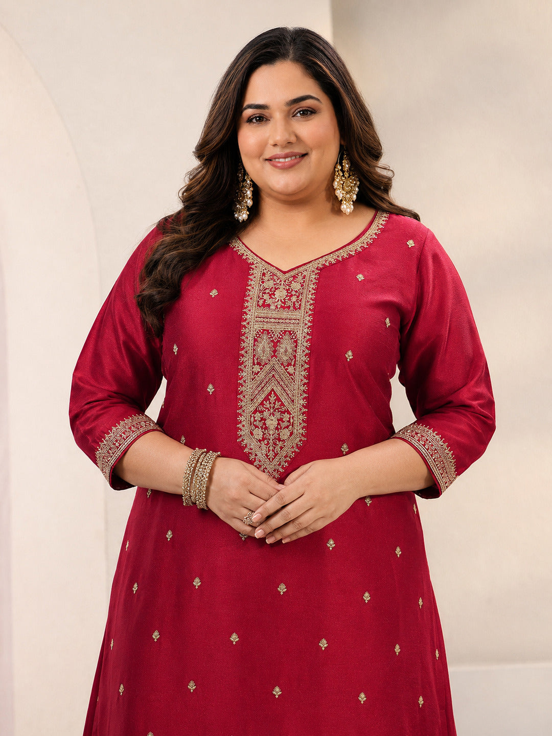 Plus Size Red Ethnic Embroidered Silk Blend Straight Suit Set With Dupatta