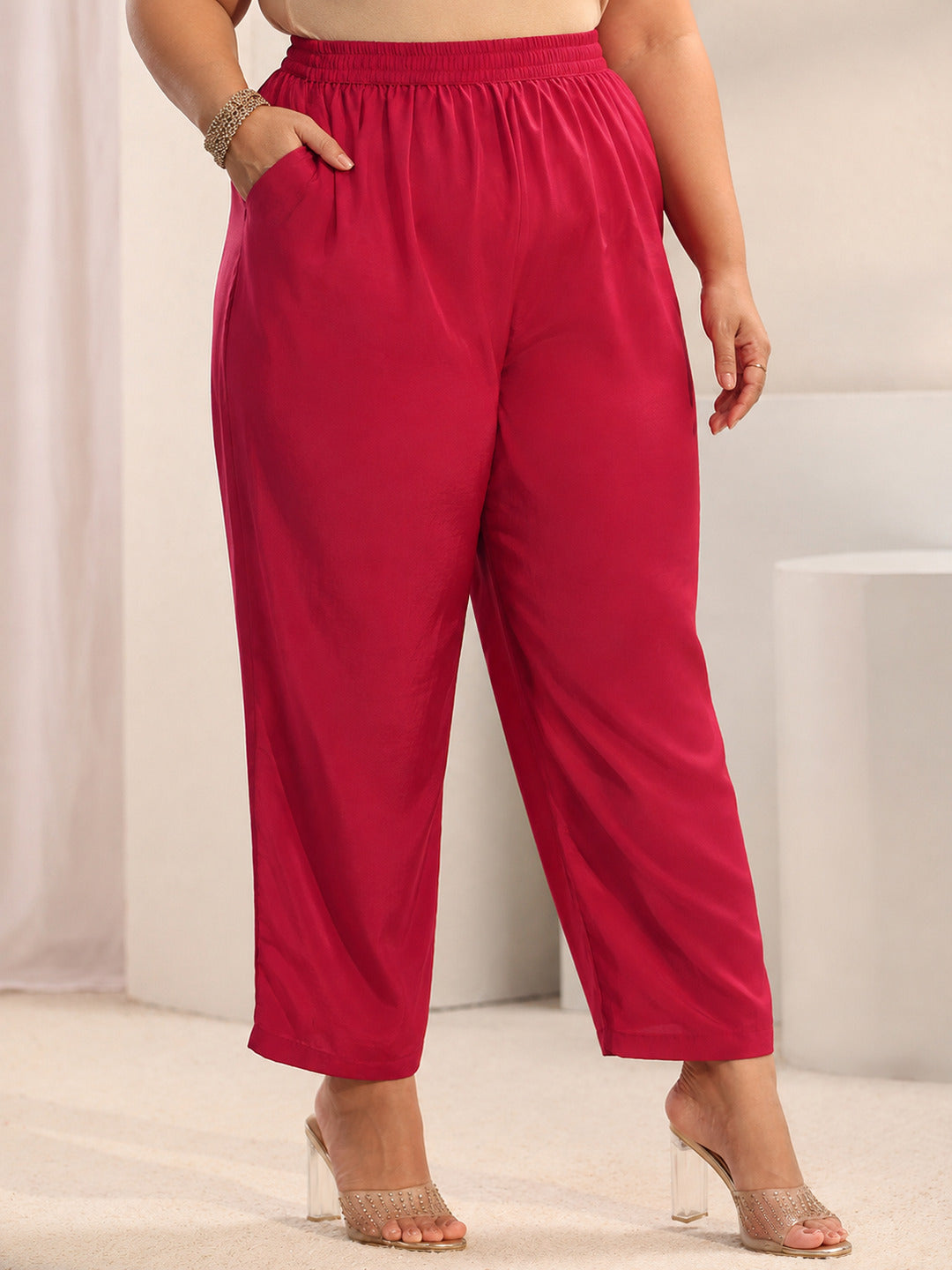 Plus Size Red Ethnic Embroidered Silk Blend Straight Suit Set With Dupatta