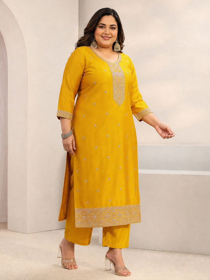 Plus Size Mustard Ethnic Embroidered Silk Blend Straight Suit Set With Dupatta