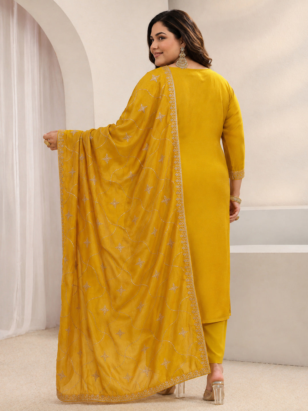 Plus Size Mustard Ethnic Embroidered Silk Blend Straight Suit Set With Dupatta