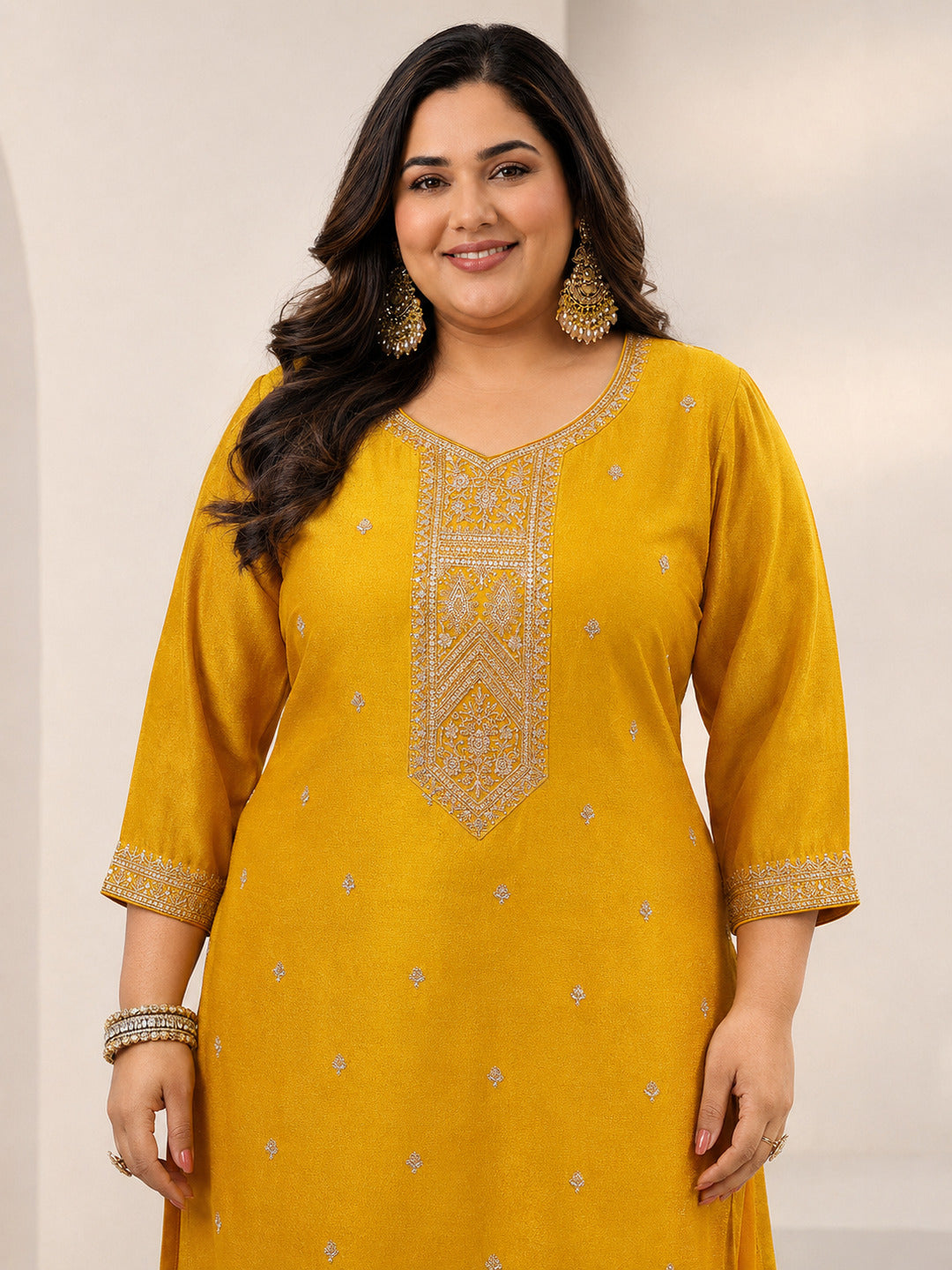 Plus Size Mustard Ethnic Embroidered Silk Blend Straight Suit Set With Dupatta
