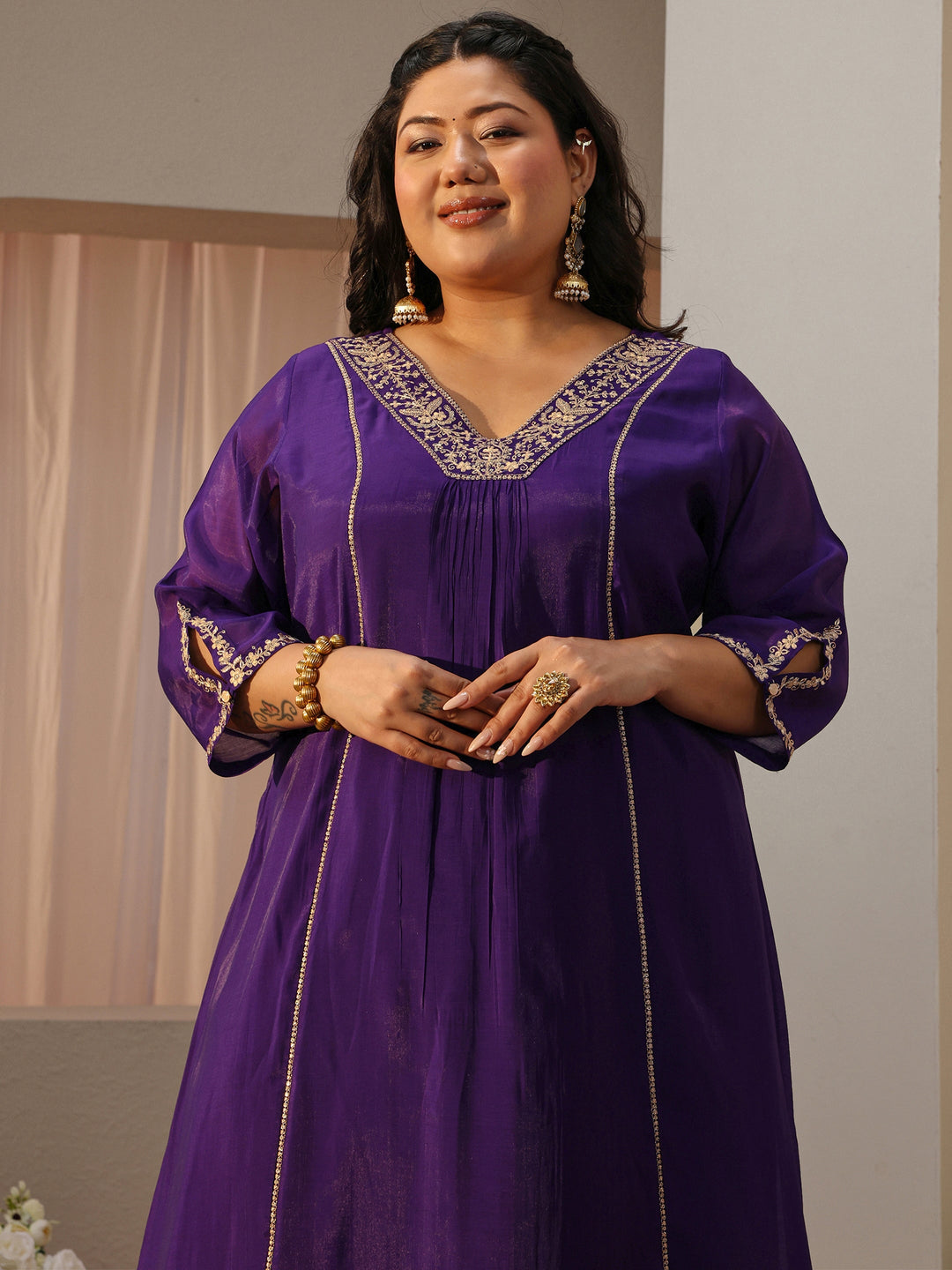 Plus Size Purple Embellished Silk Blend A-Line Suit Set