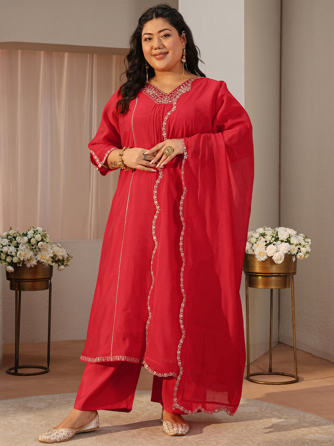 Plus Size Red Embellished Silk Blend A-Line Suit Set