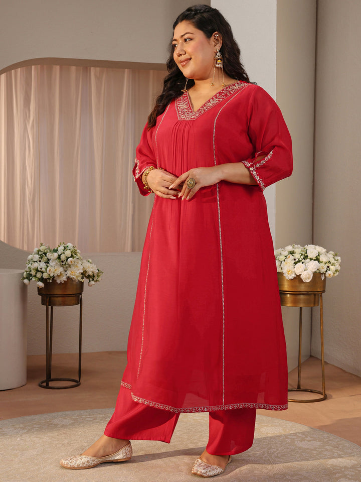 Plus Size Red Embellished Silk Blend A-Line Suit Set