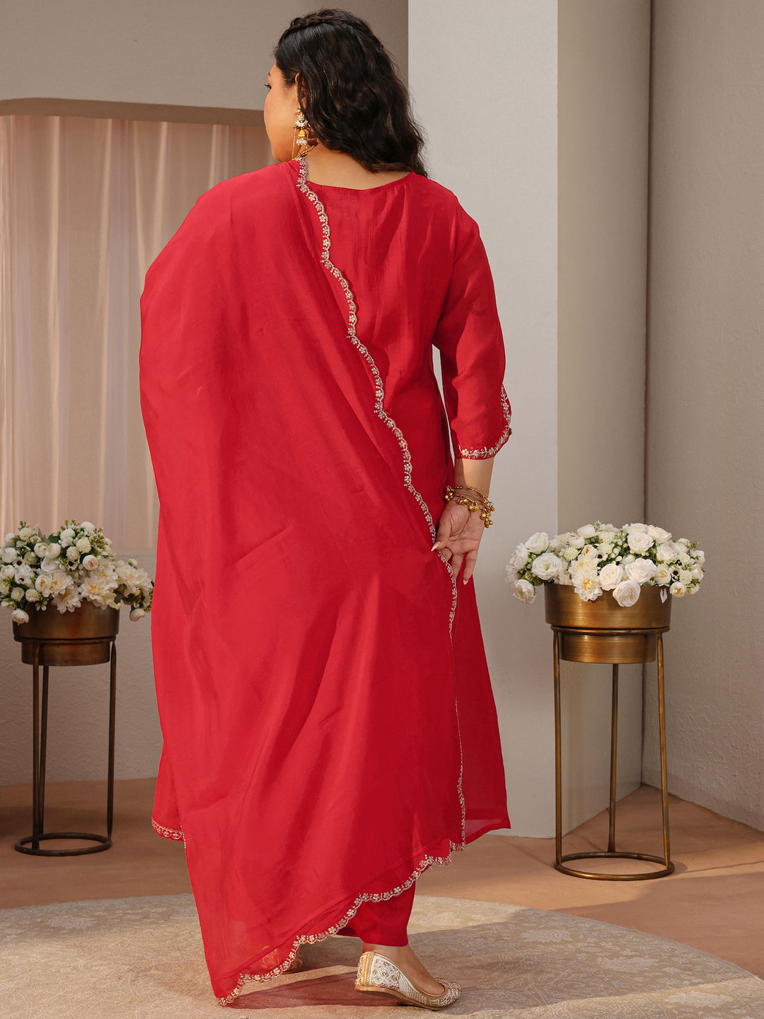 Plus Size Red Embellished Silk Blend A-Line Suit Set