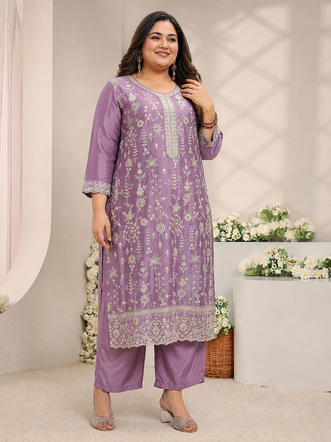 Plus Size Lavender Floral Embroidered Silk Blend Straight Suit Set With Dupatta