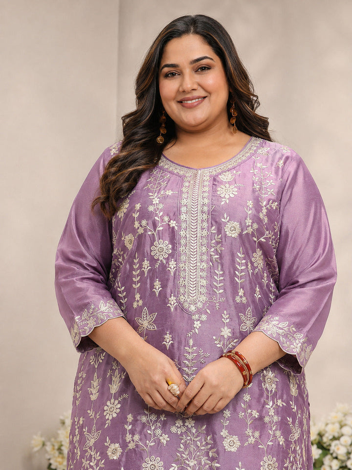 Plus Size Lavender Floral Embroidered Silk Blend Straight Suit Set With Dupatta