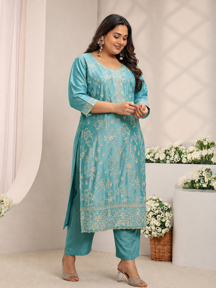 Plus Size Blue Floral Embroidered Silk Blend Straight Suit Set With Dupatta