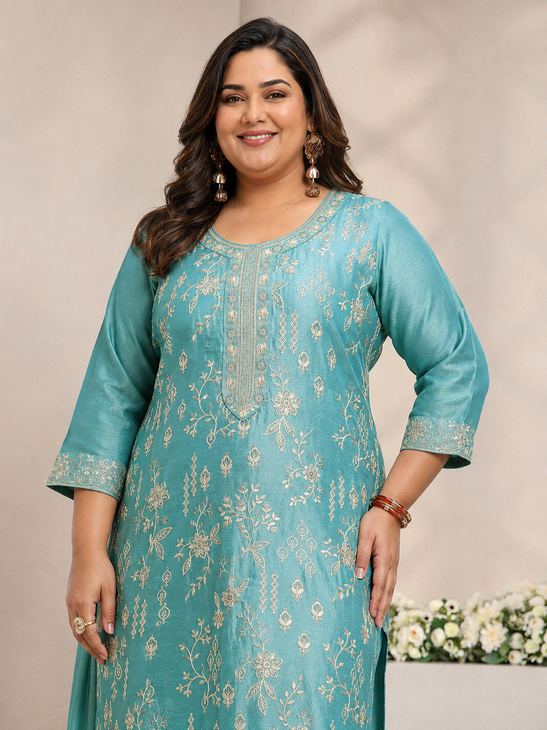 Plus Size Blue Floral Embroidered Silk Blend Straight Suit Set With Dupatta