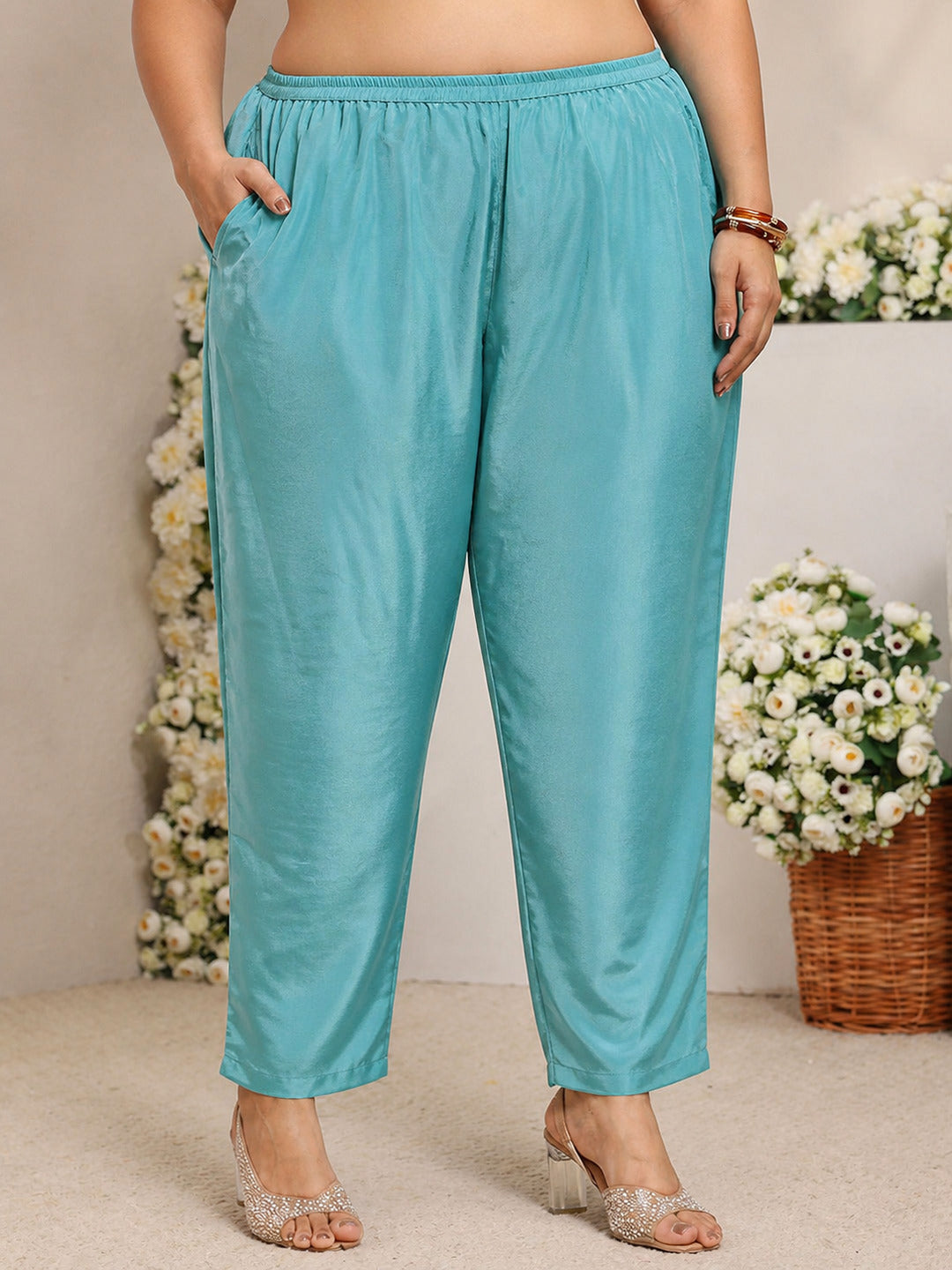Plus Size Blue Floral Embroidered Silk Blend Straight Suit Set With Dupatta