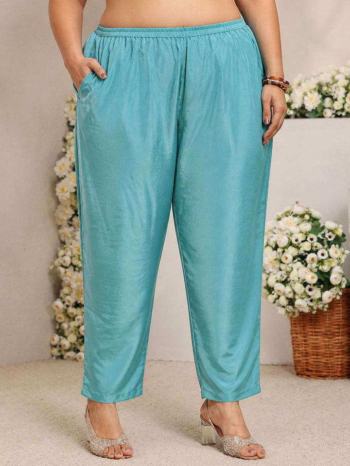 Plus Size Blue Floral Embroidered Silk Blend Straight Suit Set With Dupatta