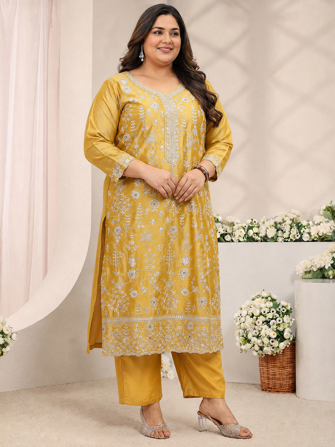 Plus Size Mustard Floral Embroidered Silk Blend Straight Suit Set With Dupatta