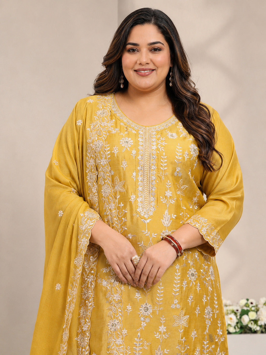 Plus Size Mustard Floral Embroidered Silk Blend Straight Suit Set With Dupatta