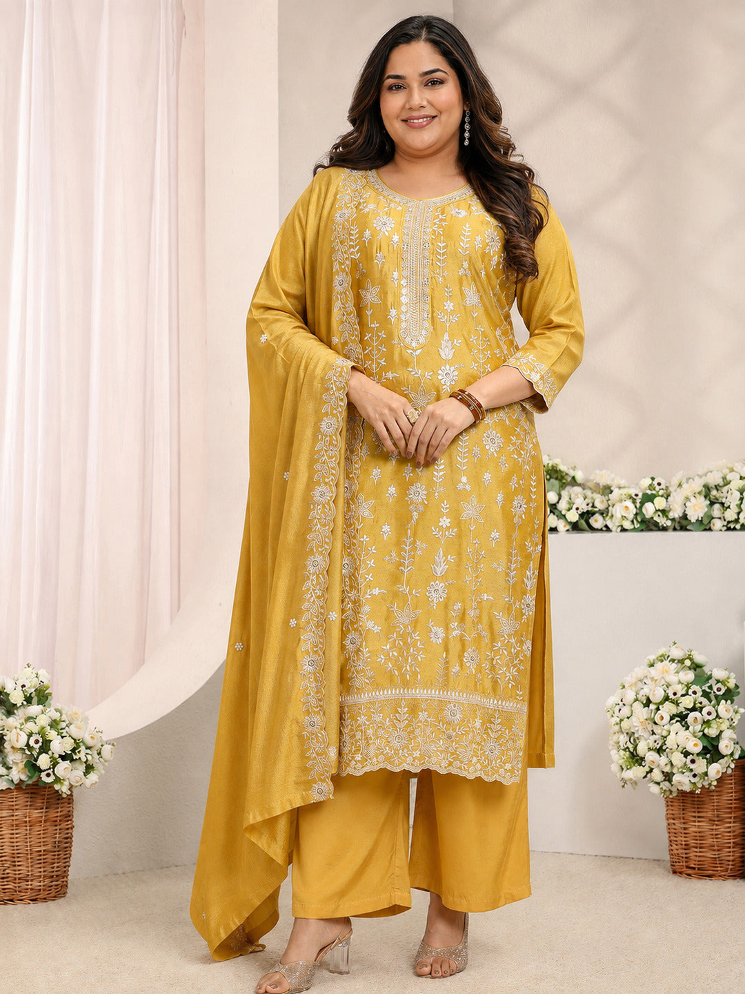 Plus Size Mustard Floral Embroidered Silk Blend Straight Suit Set With Dupatta
