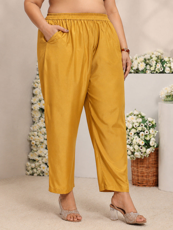 Plus Size Mustard Floral Embroidered Silk Blend Straight Suit Set With Dupatta