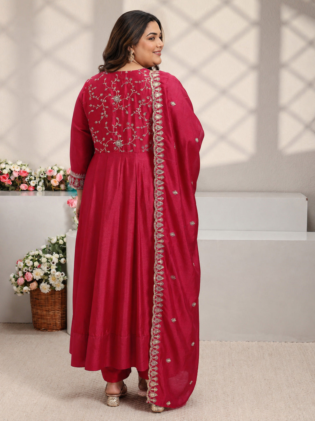 Plus Size Red Floral Embroidered Silk Blend Anarkali Suit Set With Dupatta