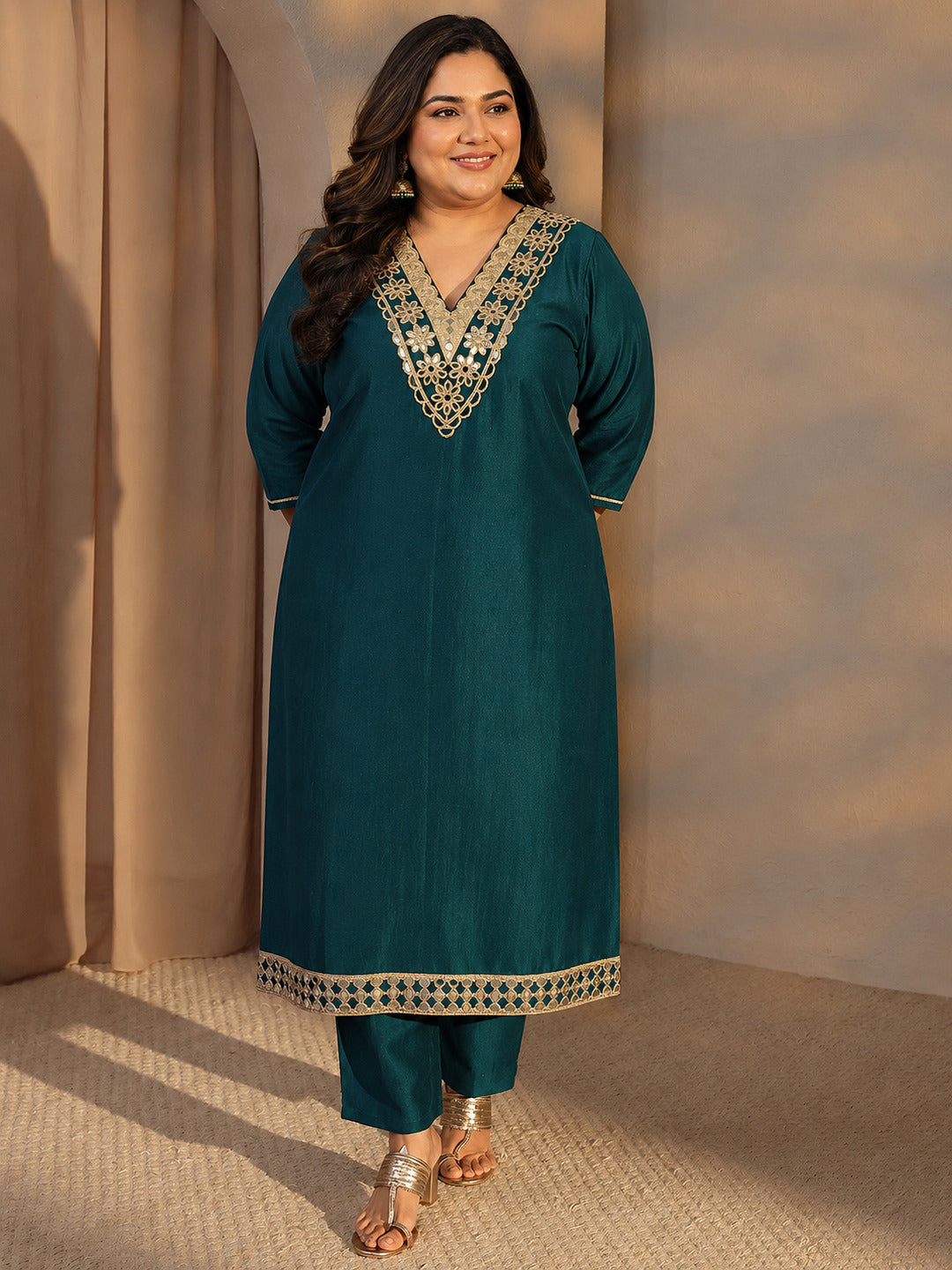 Plus Size Teal Embroidered Silk Blend Straight Kurta Set