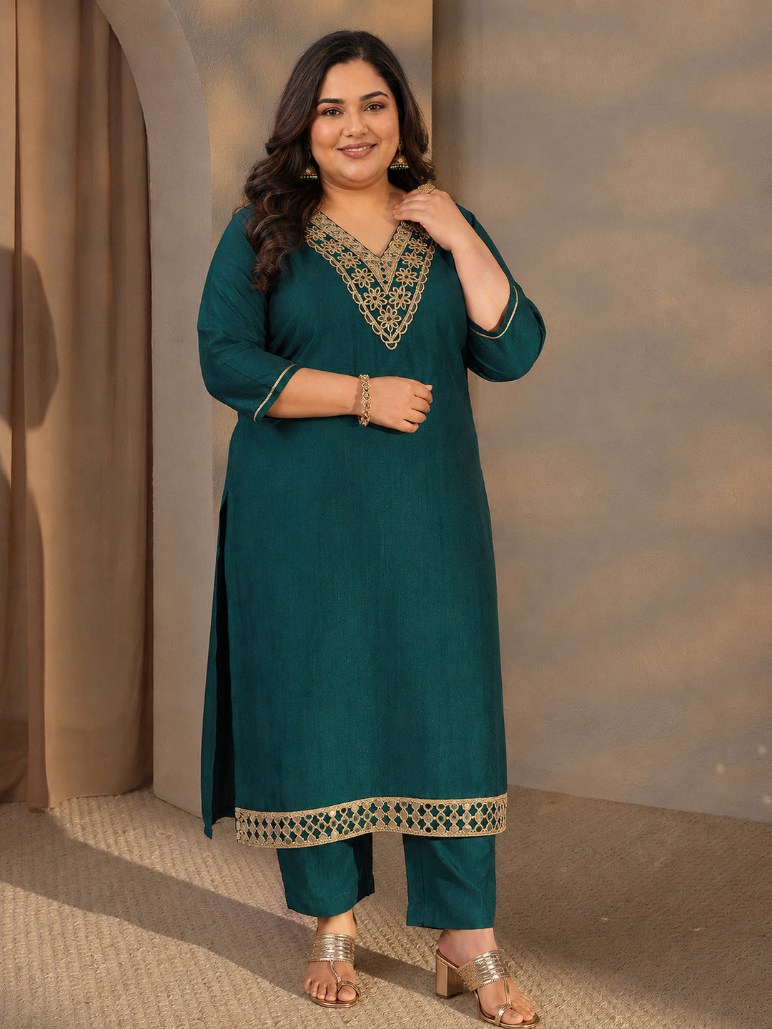 Plus Size Teal Embroidered Silk Blend Straight Kurta Set
