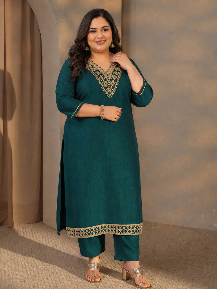 Plus Size Teal Embroidered Silk Blend Straight Kurta Set