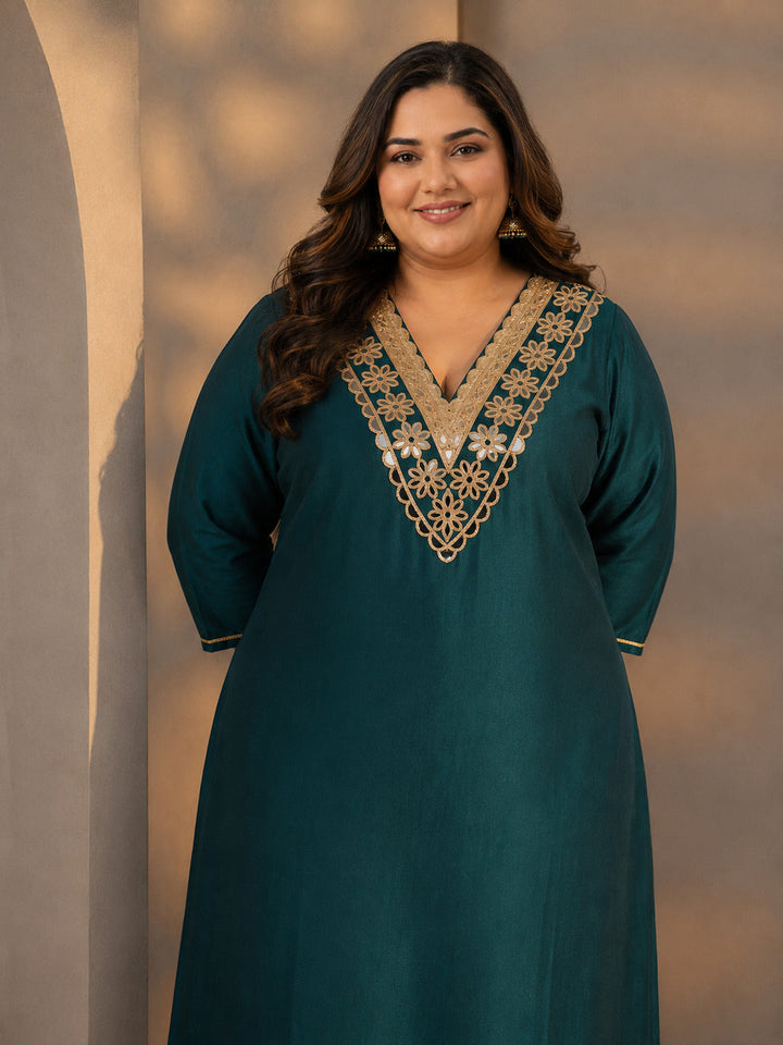 Plus Size Teal Embroidered Silk Blend Straight Kurta Set