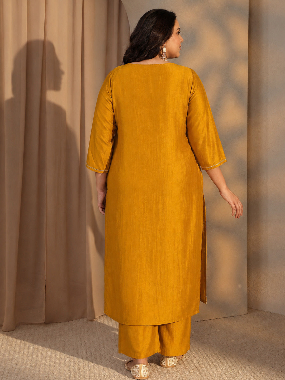Plus Size Mustard Mirror Work Yoke Design Silk Blend Straight kurta With Trouser