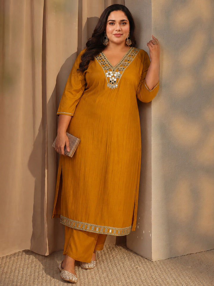 Plus Size Mustard Mirror Work Yoke Design Silk Blend Straight kurta With Trouser