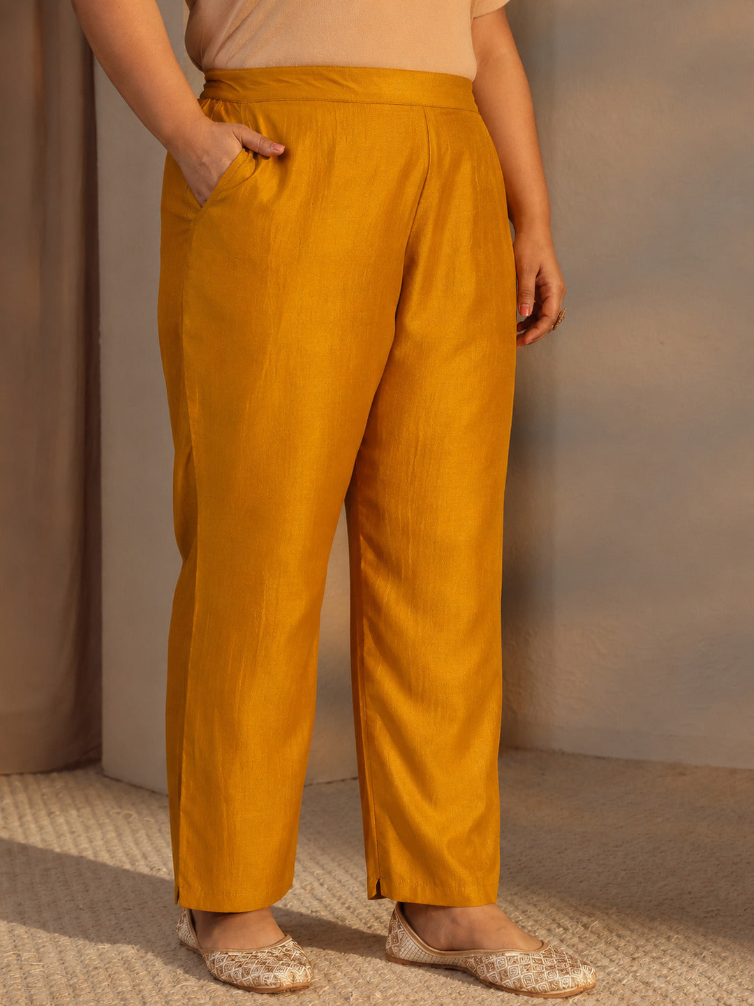Plus Size Mustard Mirror Work Yoke Design Silk Blend Straight kurta With Trouser