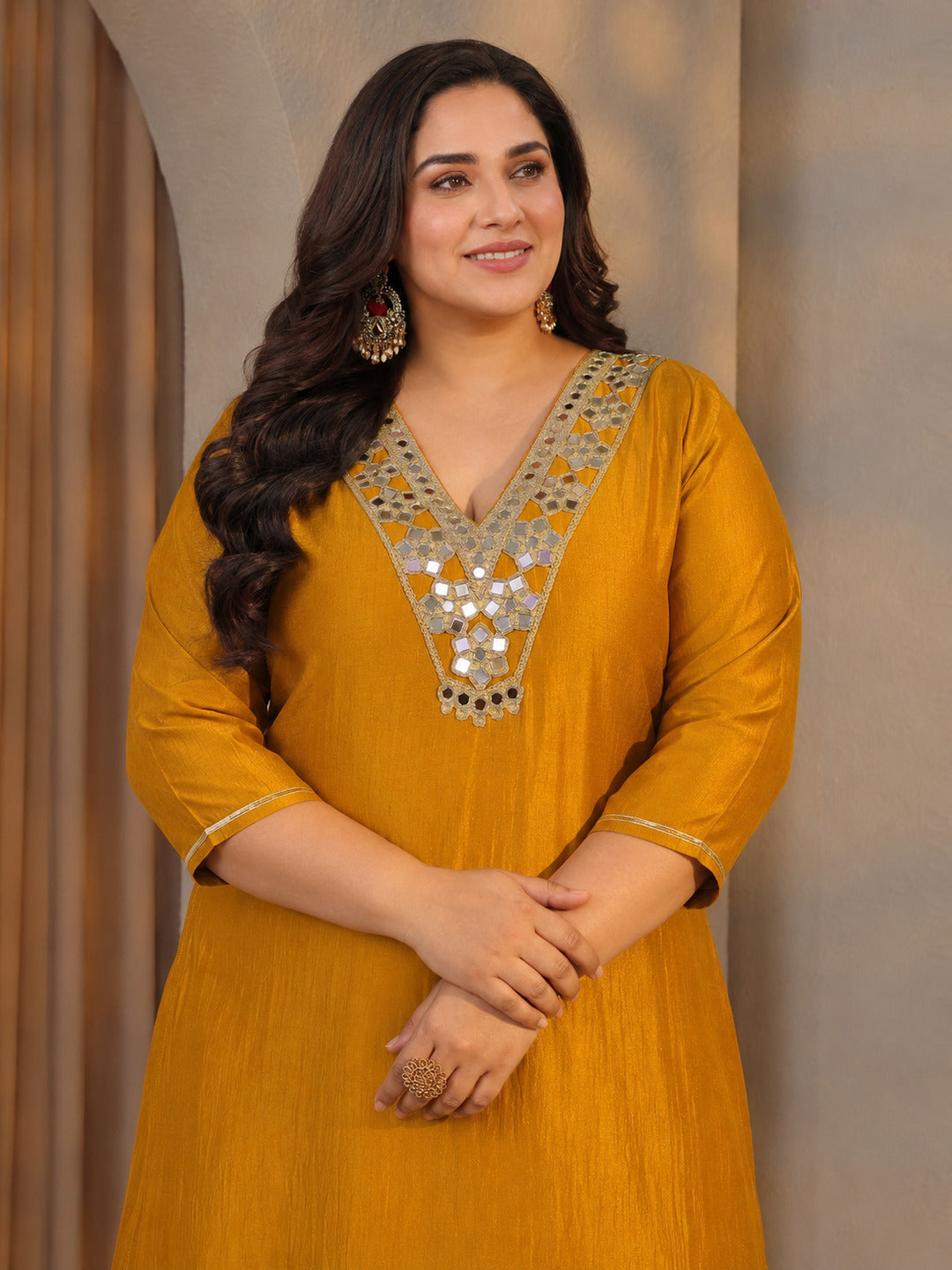 Plus Size Mustard Mirror Work Yoke Design Silk Blend Straight kurta With Trouser