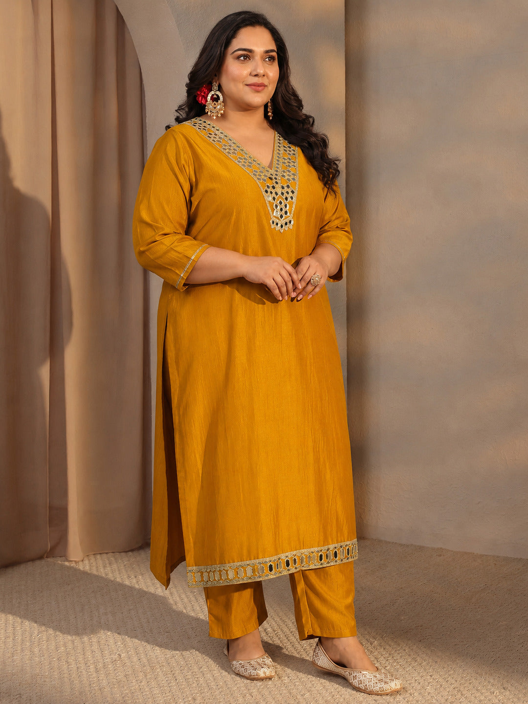 Plus Size Mustard Mirror Work Yoke Design Silk Blend Straight kurta With Trouser