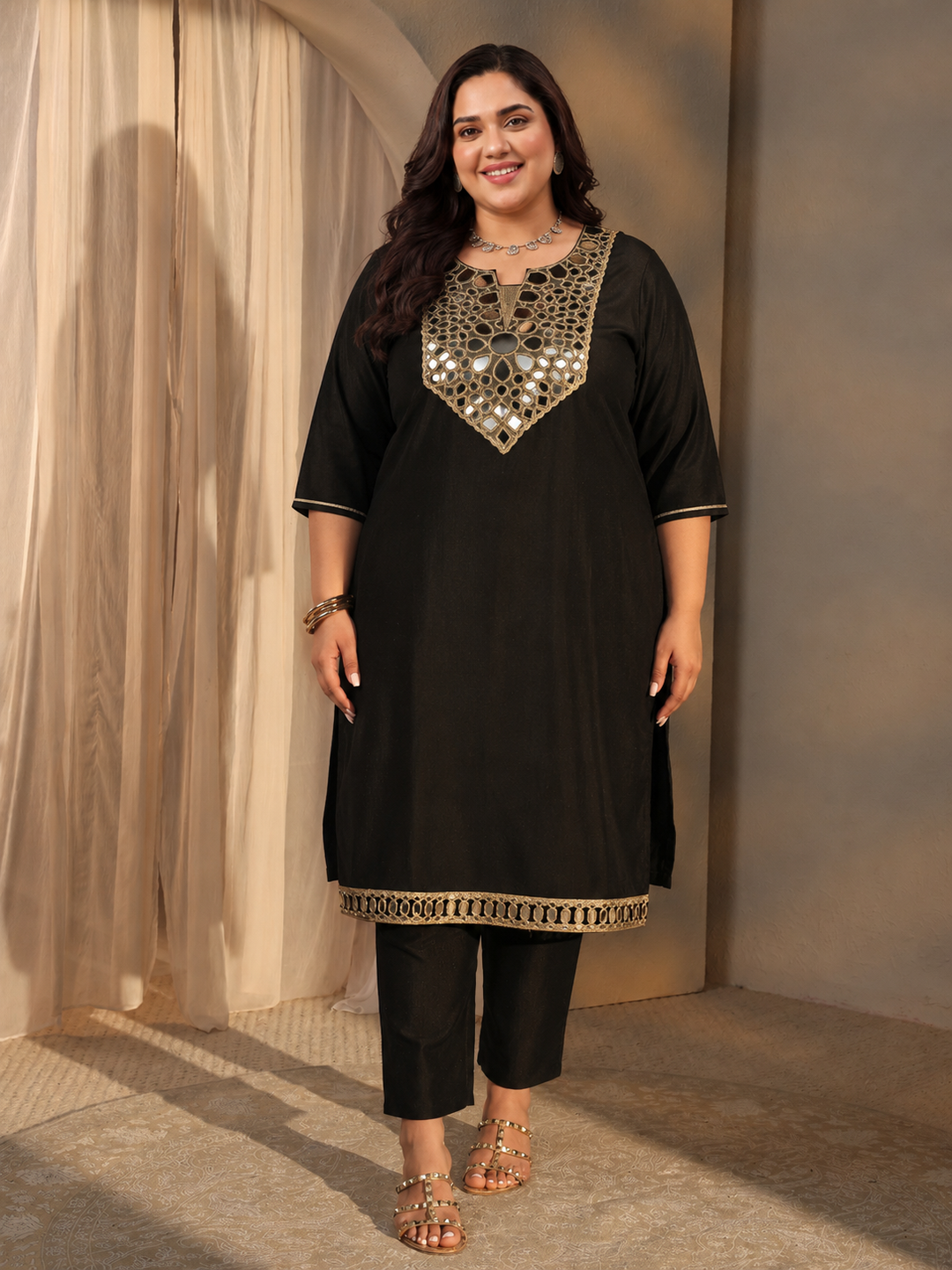 Plus Size Black Embellished Silk Blend Straight Kurta Set