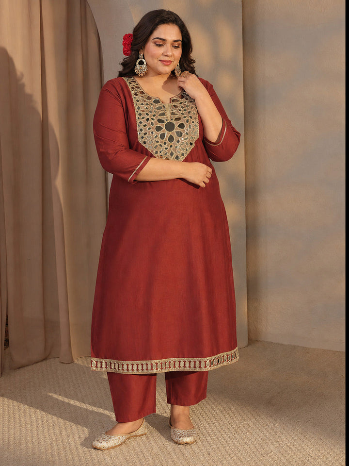 Plus Size Rust Mirror Work Yoke Design Silk Blend Straight Kurta Set