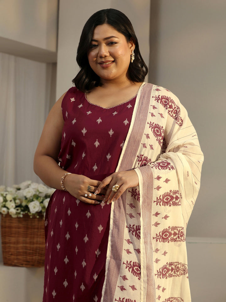 Plus Size Maroon Ethnic Motifs Printed Cotton Blend Straight Suit Set With Dupatta