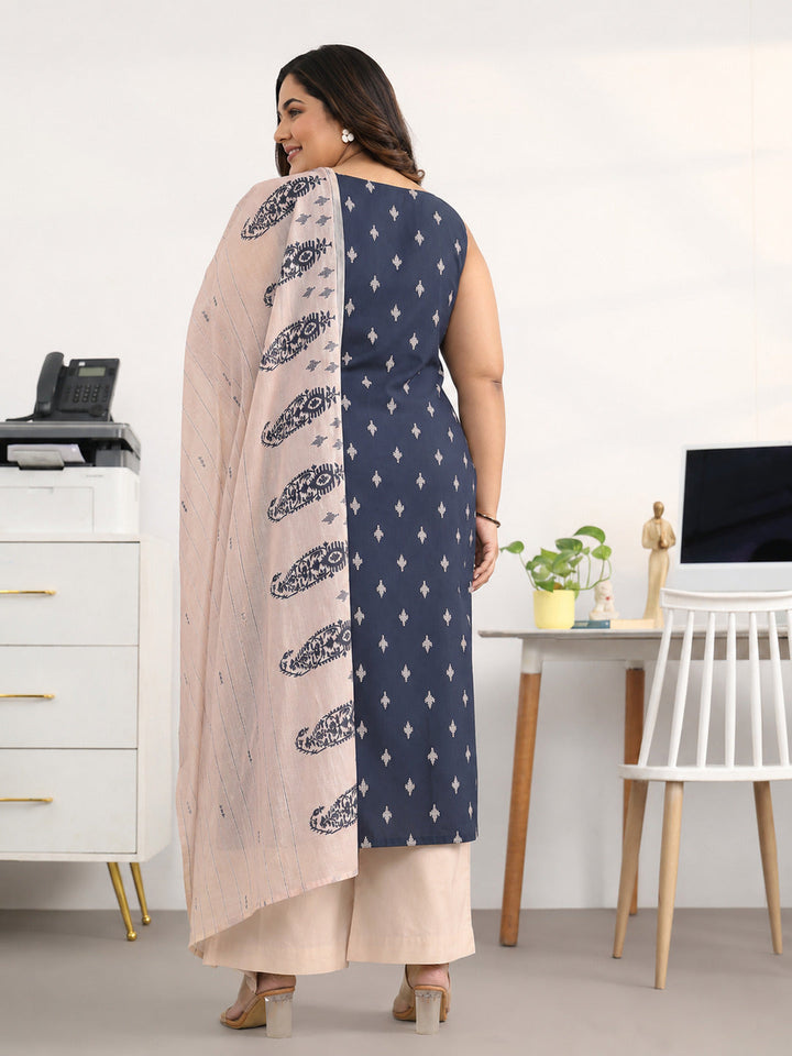 Plus Size Navy Blue Ethnic Motifs Woven Design Cotton Blend A-Line Kurta Set