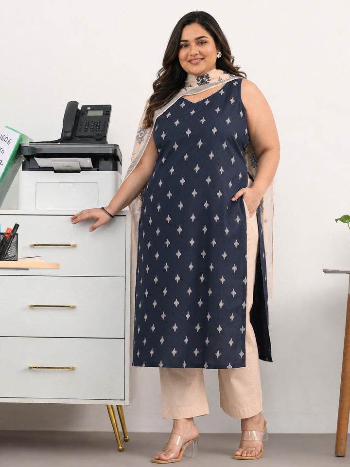 Plus Size Navy Blue Ethnic Motifs Woven Design Cotton Blend A-Line Kurta Set