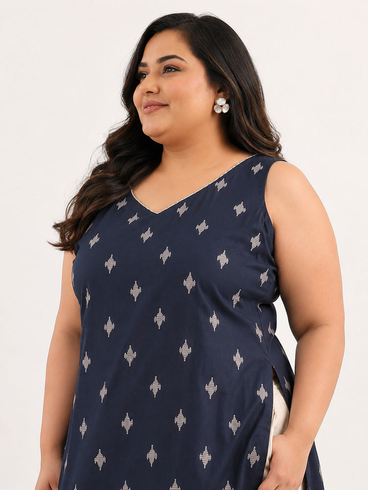 Plus Size Navy Blue Ethnic Motifs Woven Design Cotton Blend A-Line Kurta Set