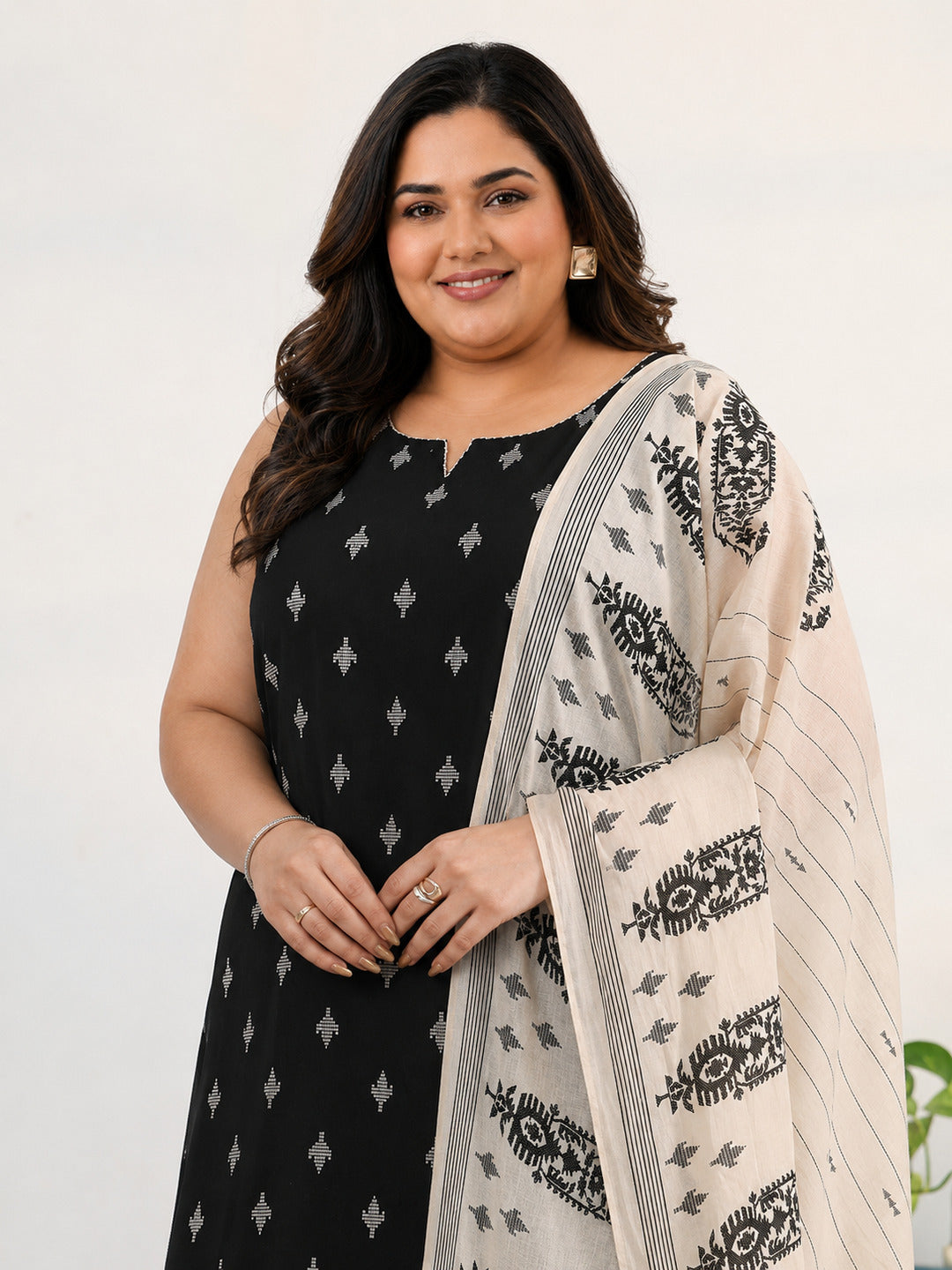 Plus Size Black Ethnic Motifs Printed Cotton Blend Straight Suit Set With Dupatta